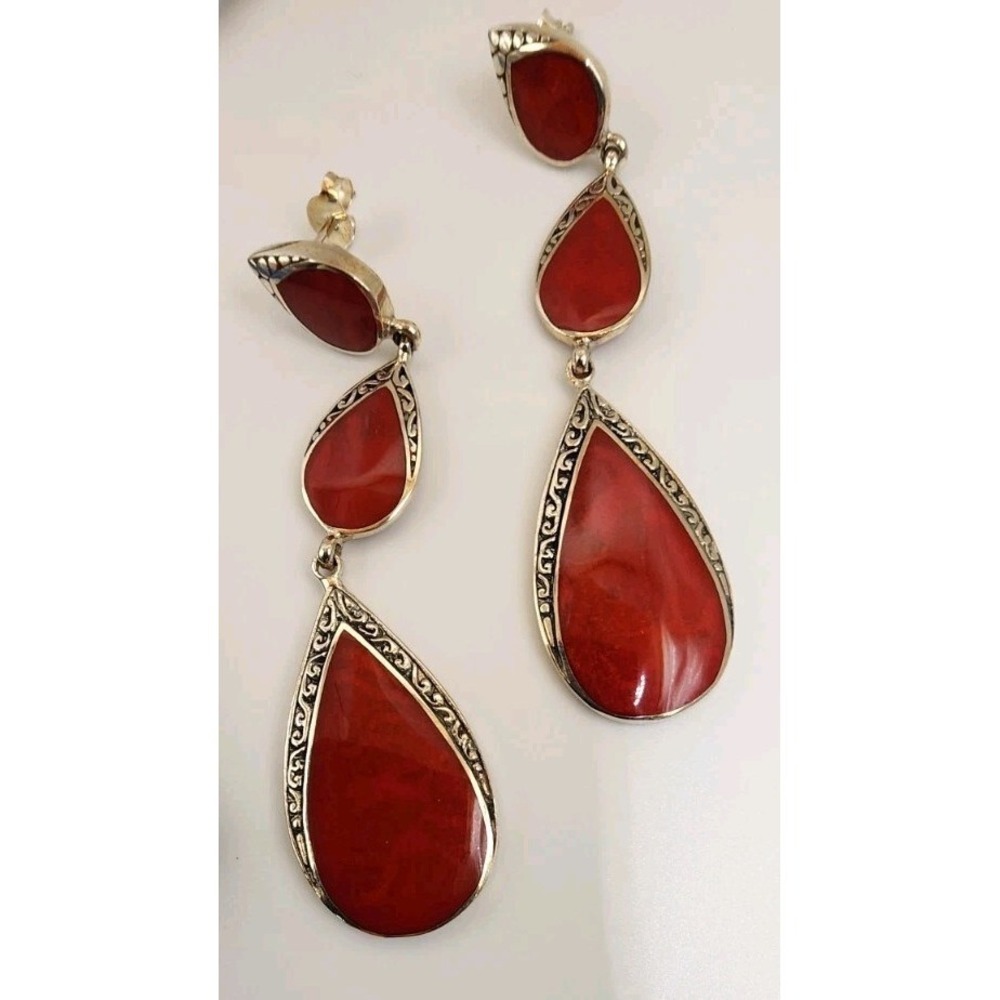 Samuel B. Red Sea Coral Elongated Pear Dangle Drop Earrings Sterling Silver Long